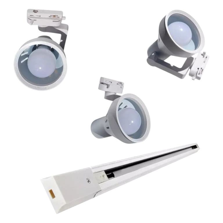 Lampara 3 Focos Blancos con Ampolleta 15W Luz Calida con Riel de 1 mt