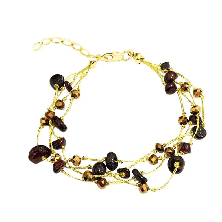 Pulsera Granate 4 Hilos Seda Dorado Enchapado Oro 18K Dorado TALLA UNICA