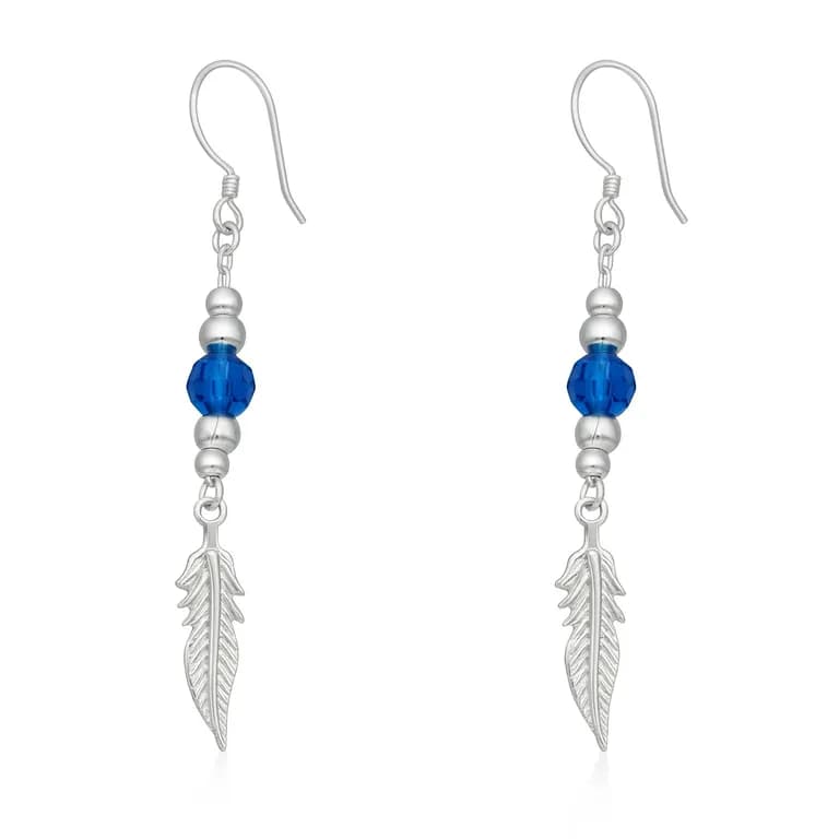 Aros Plata 925 Pluma y Cristal Azul Colgante Azul TALLA UNICA
