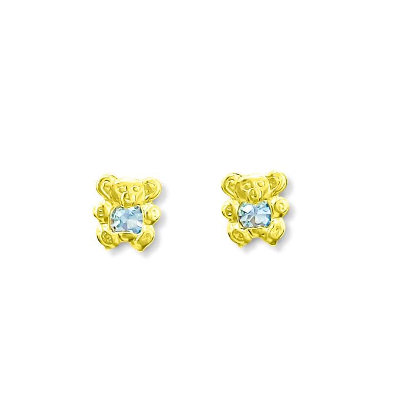 Aros Bebe Nina Oso Circon Celeste Enchapado Oro 18K Dorado TALLA UNICA