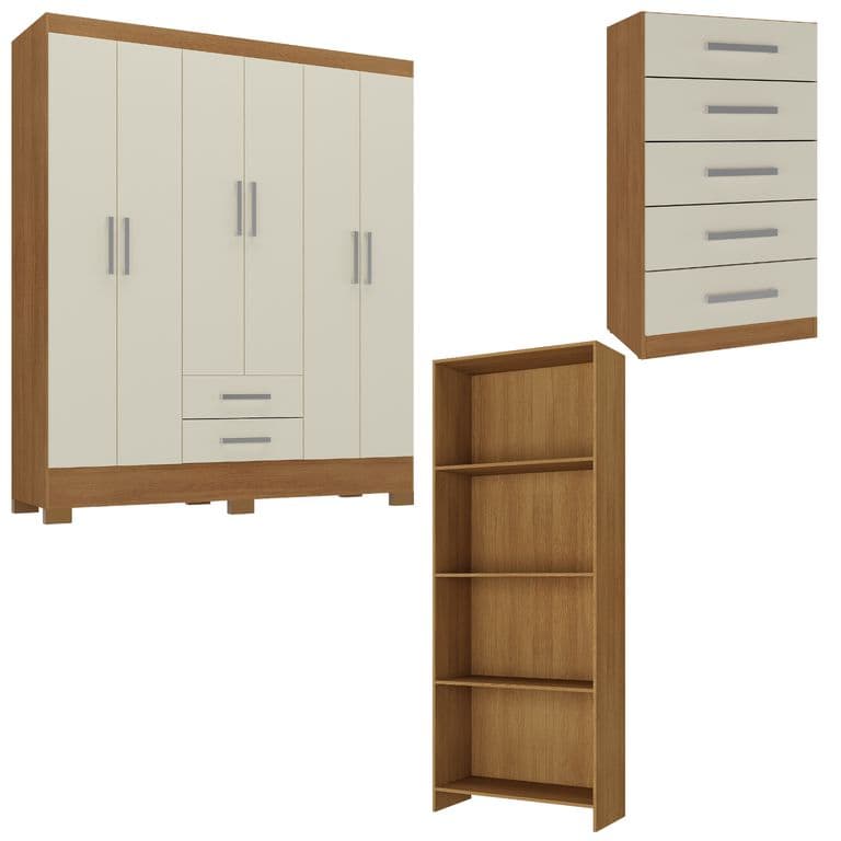 Combo closet 6 puertas + comoda 5 cajones off white + librero r620516