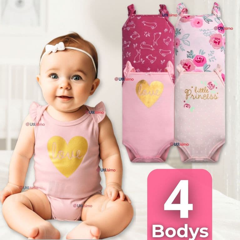 Pack 4 Bodys Nina Sin Manga 100% Algodon Princess Pink Multicolor 3-6 MESES