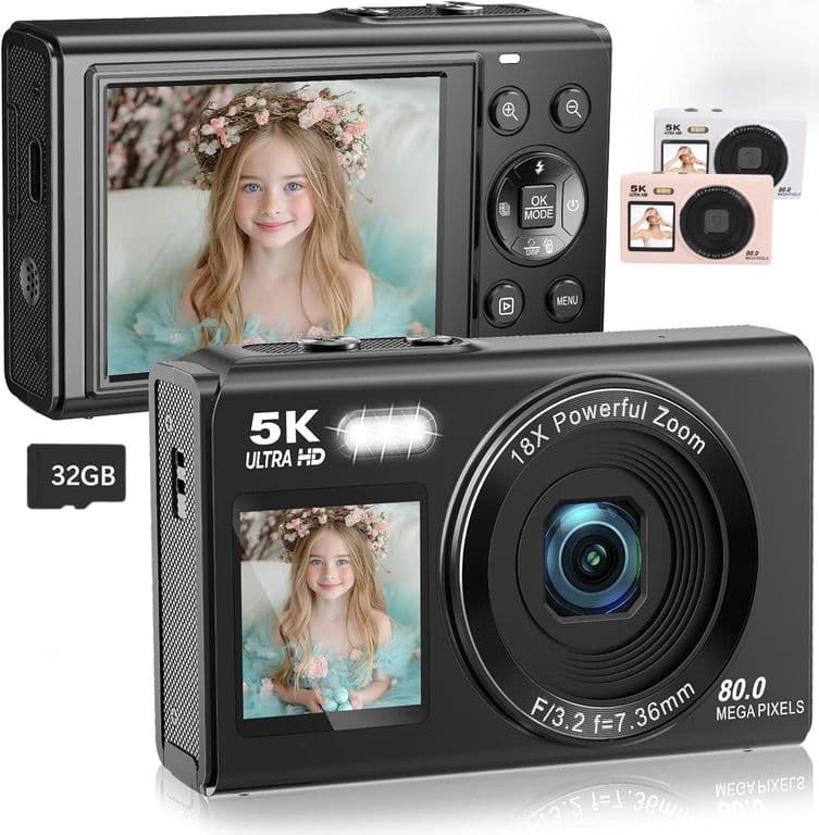 Camara Digital Doble Pantalla 80MP 5K con Zoom 18x y WiFi Negro