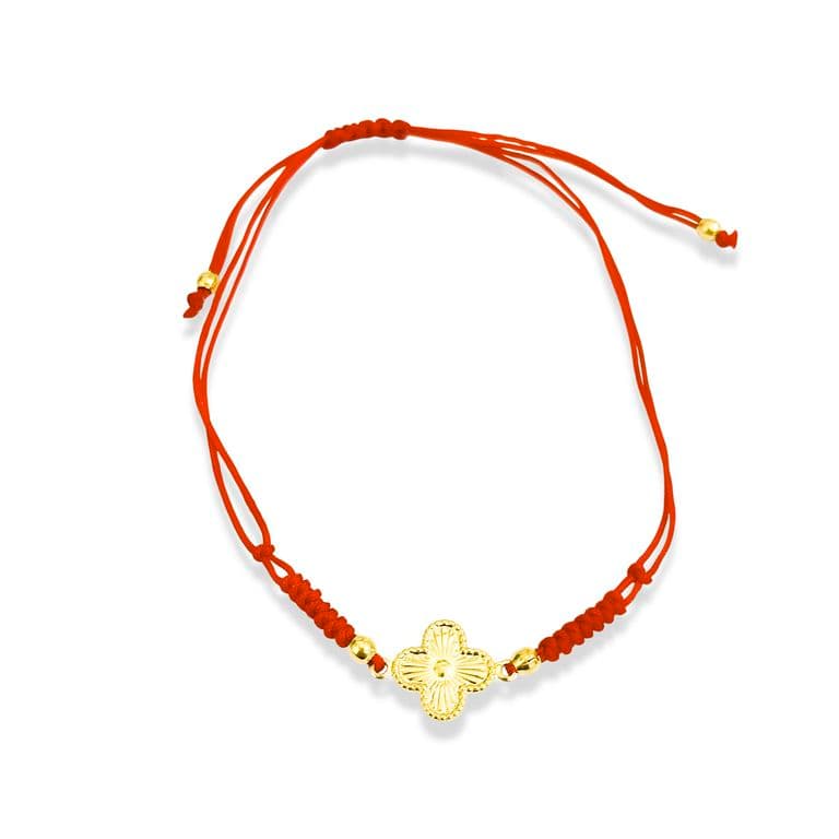 Pulsera Trebol Mini Satinado Punto Enchapado Oro 18K Cordon Rojo Dorado TALLA UNICA