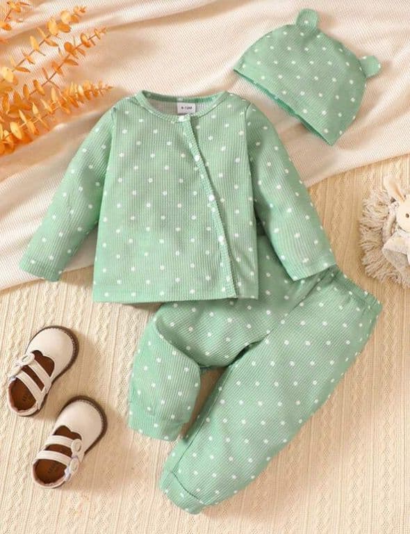 Set verde de 3 piezas con lunares y gorro con orejitas para bebes Verde Claro 6-9 MESES