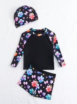 Set de bano negro de 3 piezas con estampado floral y gorro para chicos o chicas Negro 2-3 ANOS