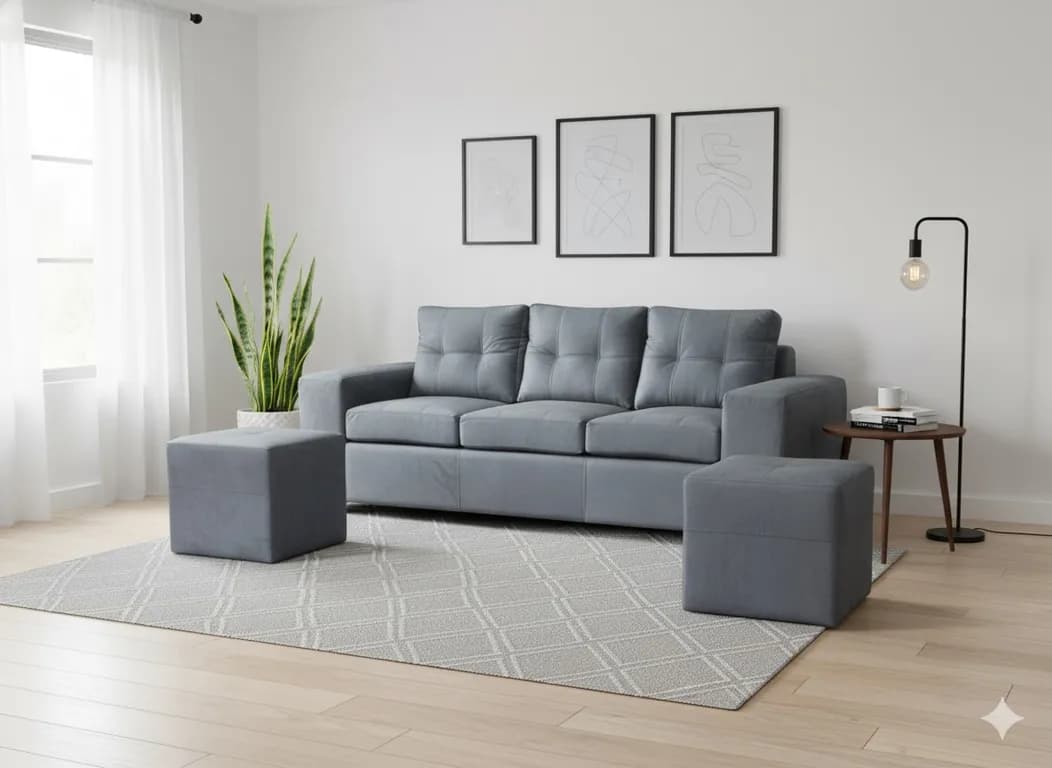 Sofa 3 cuerpos + 2 Pouf Lucca Felpa. Gris claro