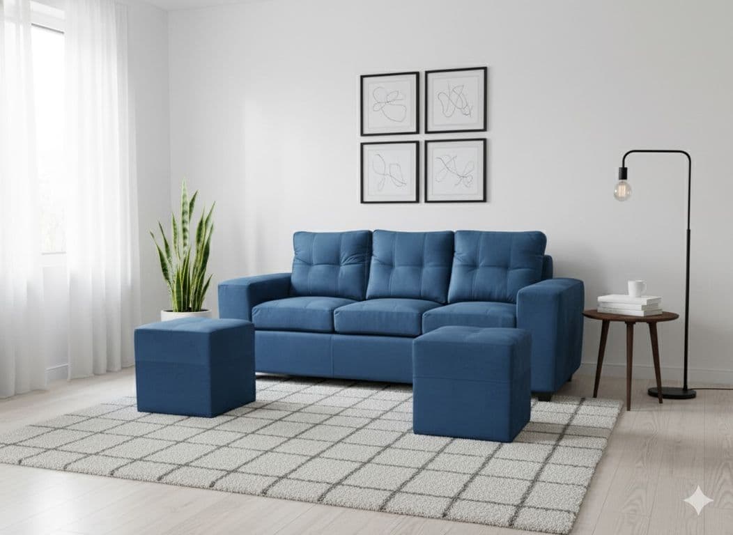 Sofa 3 cuerpos + 2 Pouf Lucca Felpa. Azul denim