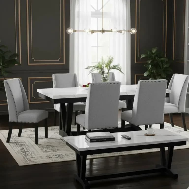 Set de Comedor 6 Sillas Rodeus + Mesa de Centro Marmol Blanco Blanco