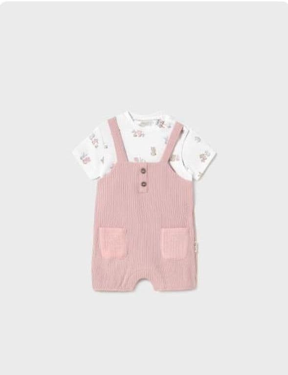 Enterito corto con peto simulado estampado Rosa 4-6 MESES