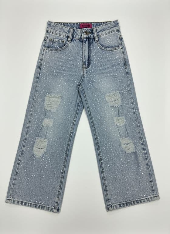 Pantalon Jeans Nina Con Brillo Y Diseno Rasgado Celeste 6