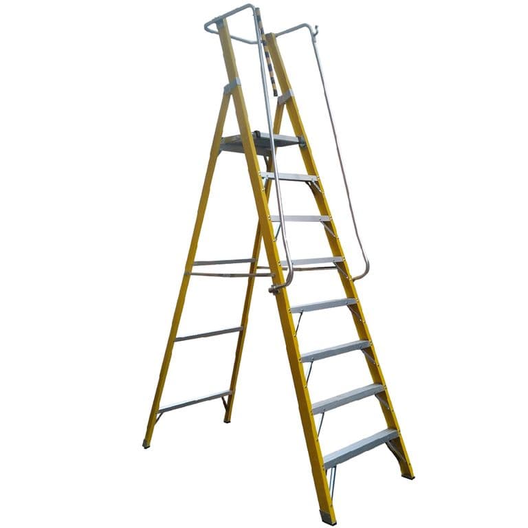 Escalera Tijera Plataforma Doble Fibra Vidrio 8P con Baranda
