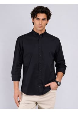 Camisa Hombre Casual Lisa Manga Larga Algodon Negro S