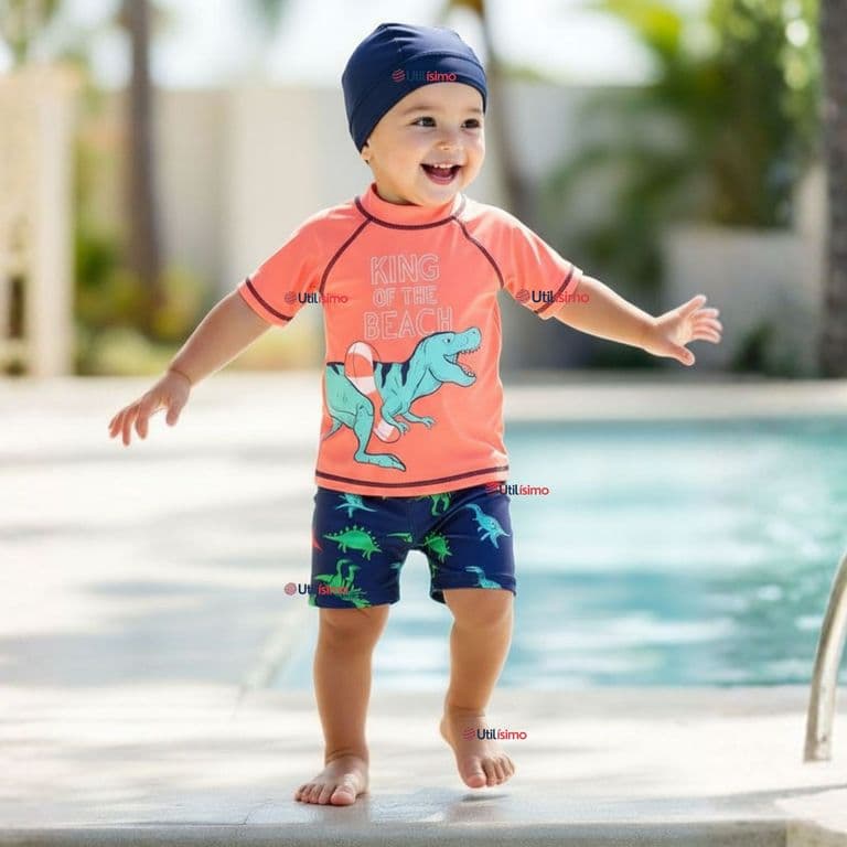 Traje De Bano Polera Manga Corta Pantalon Corto y Gorro 3 piezas Corte Split Nino de 3 a 9 Anos Dino Naranja 6-7 ANOS