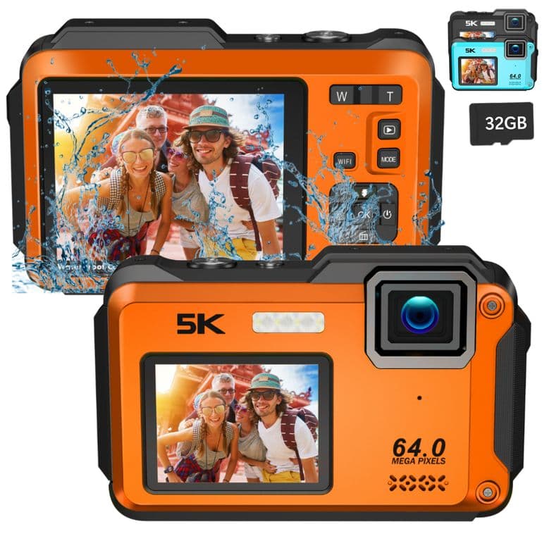 Camara Sumergible 5K 64MP con WiFi y Doble Pantalla Zoom 16X - Naranjo