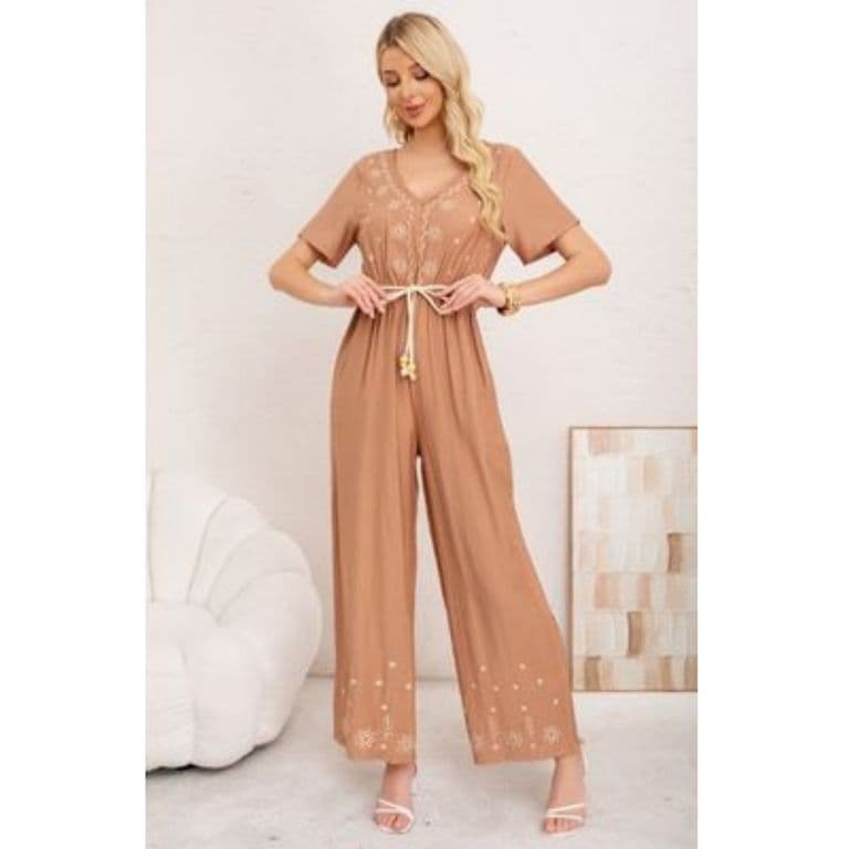 Enterito Mujer Casual Pierna Ancha Bordado Cuello V 3350 Beige M