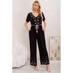 Enterito Mujer Casual Pierna Ancha Bordado Cuello V 3350 Negro M