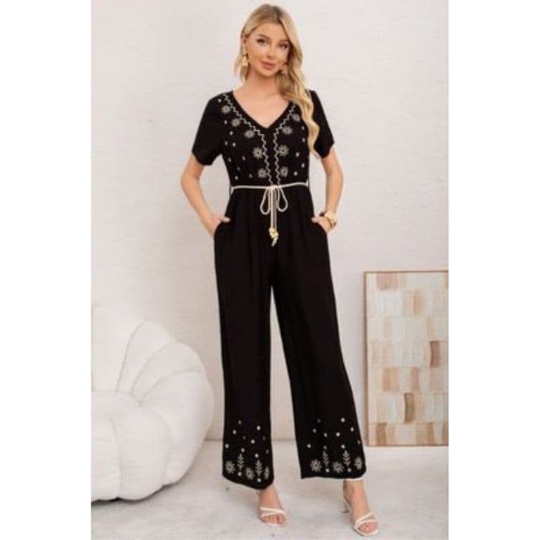 Enterito Mujer Casual Pierna Ancha Bordado Cuello V 3350 Negro M