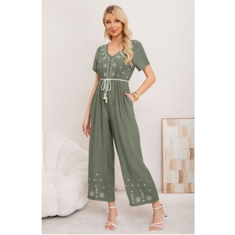 Enterito Mujer Casual Pierna Ancha Bordado Cuello V 3350 Verde S