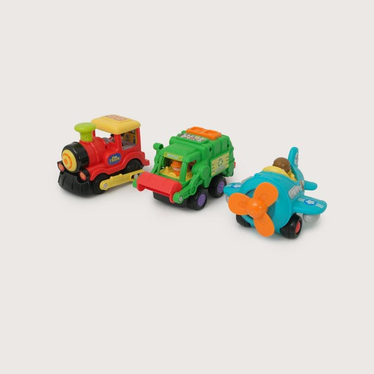 Set Camion de Reciclaje + Tren y Avion a Vapor