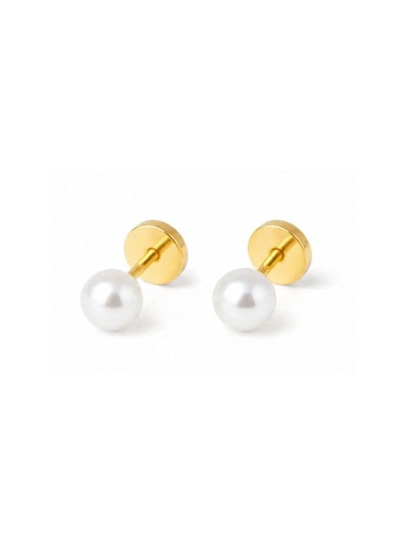 Aros Abridores Perla Casquillo 5mm N2 Oro 14K A Presion Bebe Nina Primeros Aros