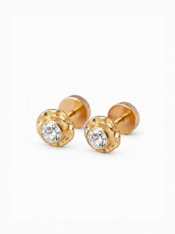 Aros Abridores Chaton Circon 5mm N2 Oro 14K A Presion Bebe Nina Primeros Aros