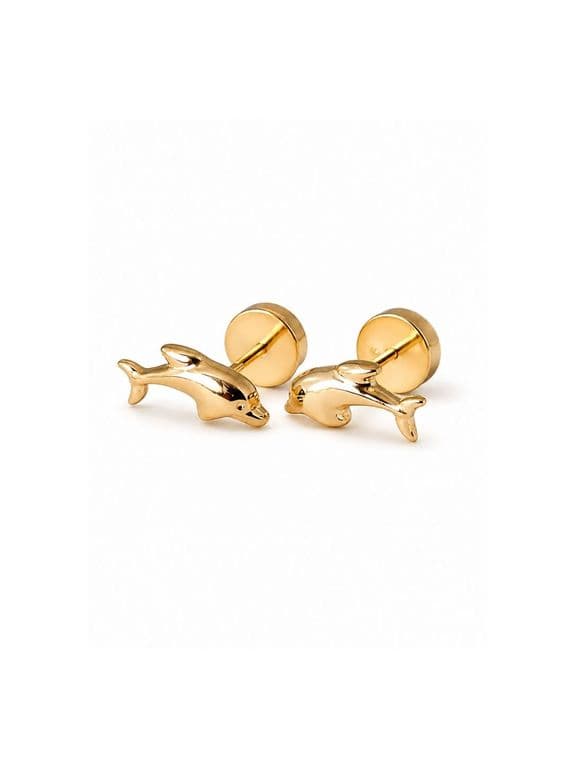 Aros Abridores Delfin 4x9mm Oro 14K A Presion Bebe Nina Hipoalergenicos
