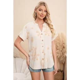 Blusa Mujer Manga Corta Algodon Botones Diseno Estampado 0076 Crema L