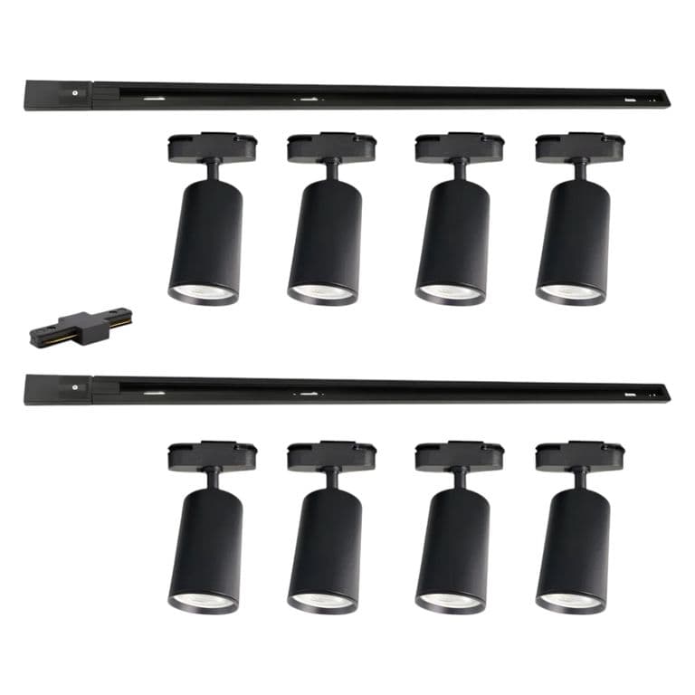 Lampara 8 Focos Cilindros Luz Fria con 2 Riel de 1mt Negro