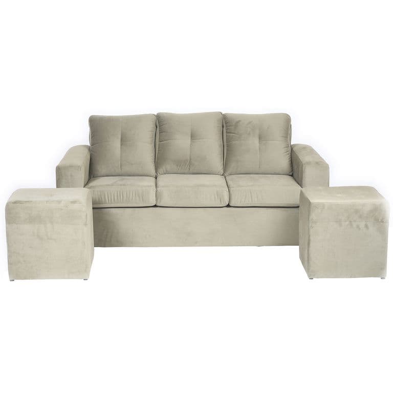 Living Emanuel 3 Cuerpos Y 2 Poufs - Tela Felpa / Beige