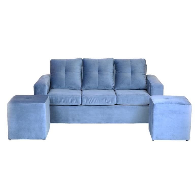 Living Emanuel 3 Cuerpos Y 2 Poufs - Tela Felpa / Azul petroleo