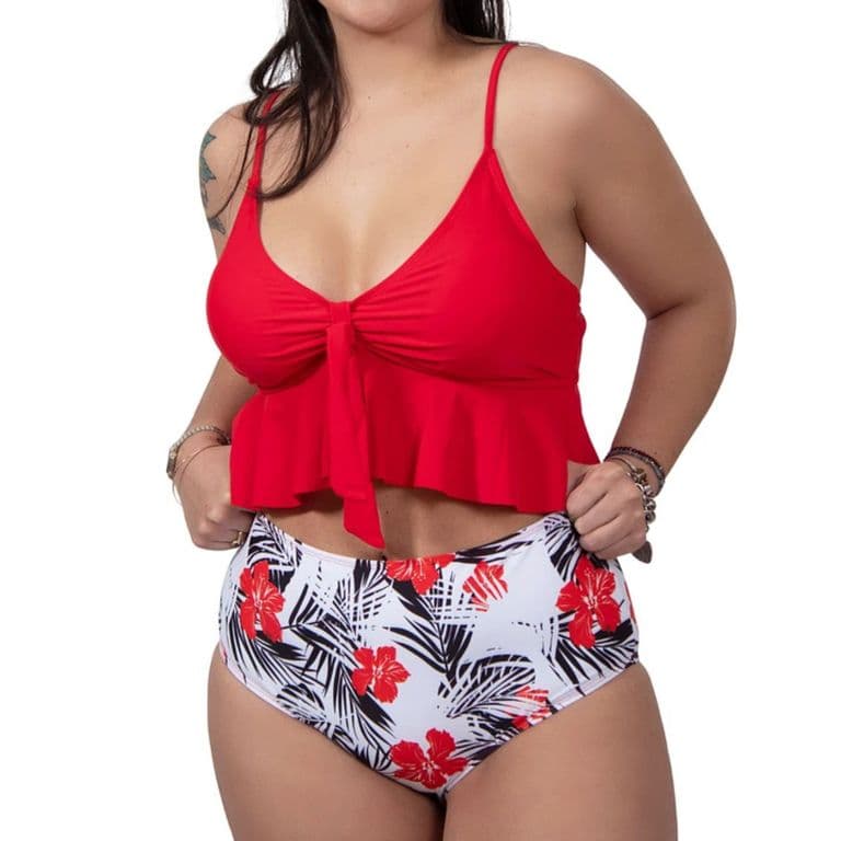 Bikini tiro alto Mujer Top Ruffle Rojo hipsy Rojo L