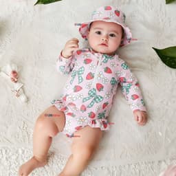 Traje de Bano Enterito Manga Larga Con Gorro 2 Piezas Nina de 9 a 36 Meses Flores frutilla Multicolor 12-18 MESES