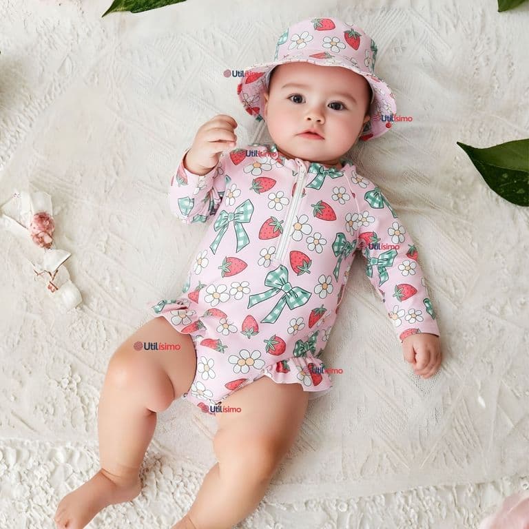 Traje de Bano Enterito Manga Larga Con Gorro 2 Piezas Nina de 9 a 36 Meses Flores frutilla Multicolor 12-18 MESES