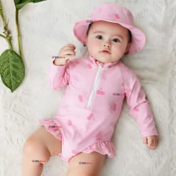 Traje de Bano Enterito Manga Larga Con Gorro 2 Piezas Nina de 9 a 36 Meses Rosado Cereza Multicolor 18-24 MESES