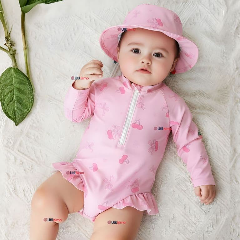 Traje de Bano Enterito Manga Larga Con Gorro 2 Piezas Nina de 9 a 36 Meses Rosado Cereza Multicolor 9-12 MESES