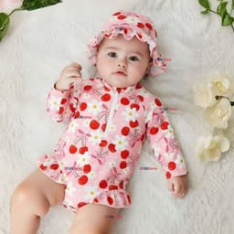 Traje de Bano Enterito Manga Larga Con Gorro 2 Piezas Nina de 9 a 36 Meses Rosado Margarita Multicolor 18-24 MESES