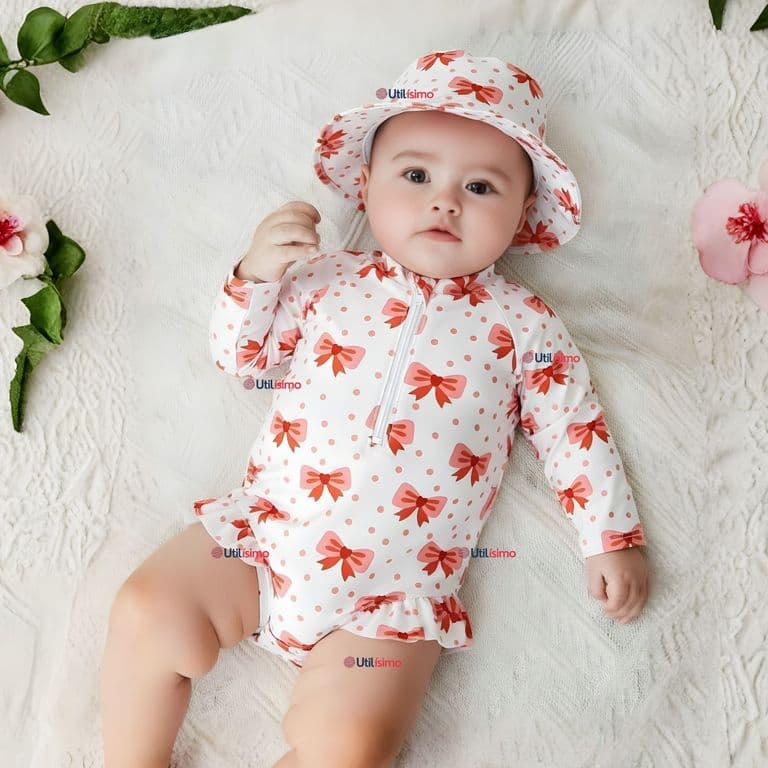 Traje de Bano Enterito Manga Larga Con Gorro 2 Piezas Nina de 9 a 36 Meses Blanco Lazo Multicolor 24-36 MESES