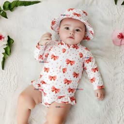 Traje de Bano Enterito Manga Larga Con Gorro 2 Piezas Nina de 9 a 36 Meses Blanco Lazo Multicolor 6-9 MESES
