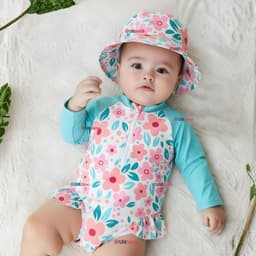 Traje de Bano Enterito Manga Larga Con Gorro 2 Piezas Nina de 9 a 36 Meses Turquesa Multicolor 24-36 MESES