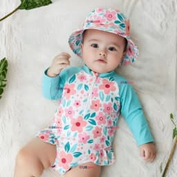 Traje de Bano Enterito Manga Larga Con Gorro 2 Piezas Nina de 9 a 36 Meses Turquesa Multicolor 12-18 MESES