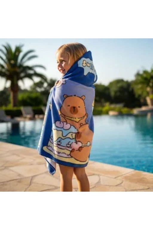 Toalla Playa Piscina Nina Capucha Diseno Capibara Cupcake Celeste Azul TALLA UNICA