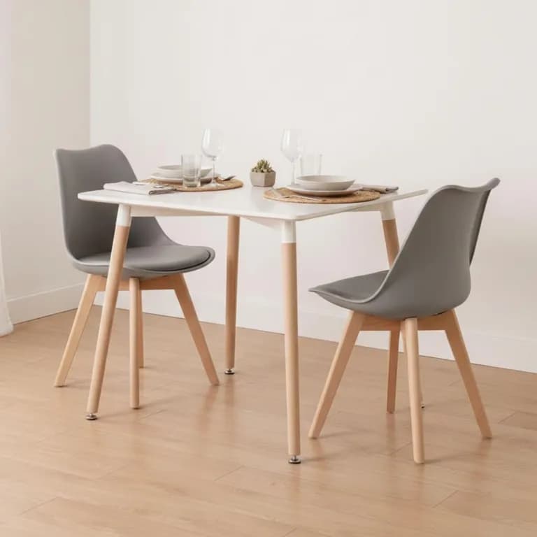 Comedor Mesa Aroa Blanca 80x80 cm + 2 Sillas Tulip Gris Gris claro