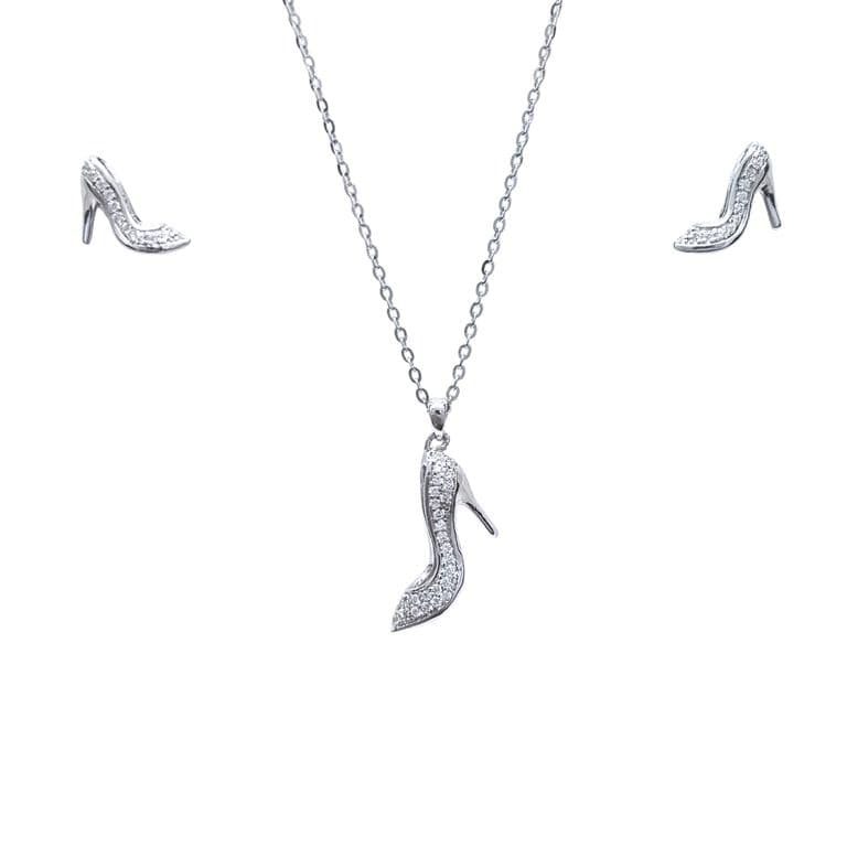 Collar + Aros Rectangular Zapato Rodinado 45cm Plata 925 Plateado 45