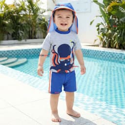Traje de Bano Con Gorro Pantalon Corto Manga Corta 3 Piezas Corte Split Nino 1 a 5 anos Blue Octopus Multicolor 1-2 ANOS