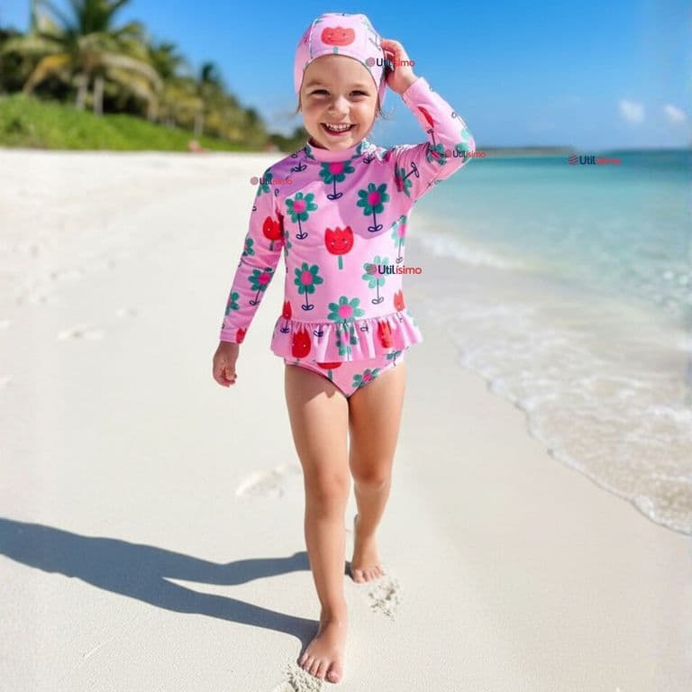 Traje de Bano Enterito Cremallera Manga Larga Con Gorro Nina 1 a 6 anos Pink Flowers Multicolor 1-2 ANOS