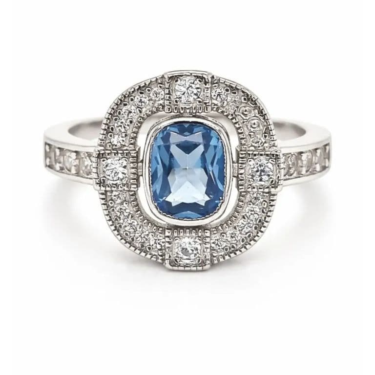 Anillo Art-Deco Vintage Agua Marina Ovalado Plata 925 Celeste 15