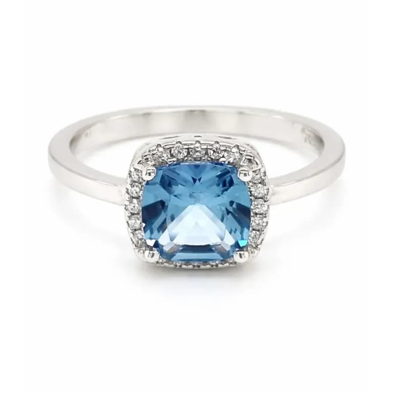 Anillo Halo Agua Marina Rectangular Plata 925 Celeste 16
