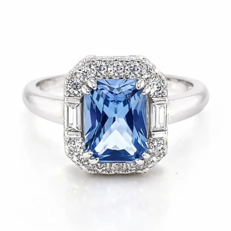 Anillo Halo Agua Marina Rectangular Plata 925 Celeste 12