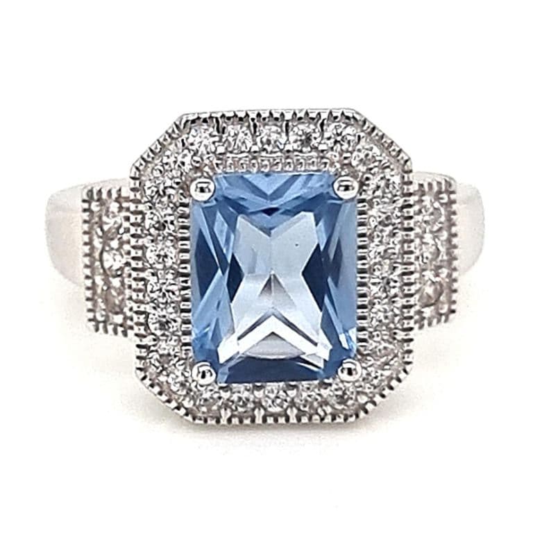 Anillo Agua Marina Rectangular Plata 925 Celeste 12
